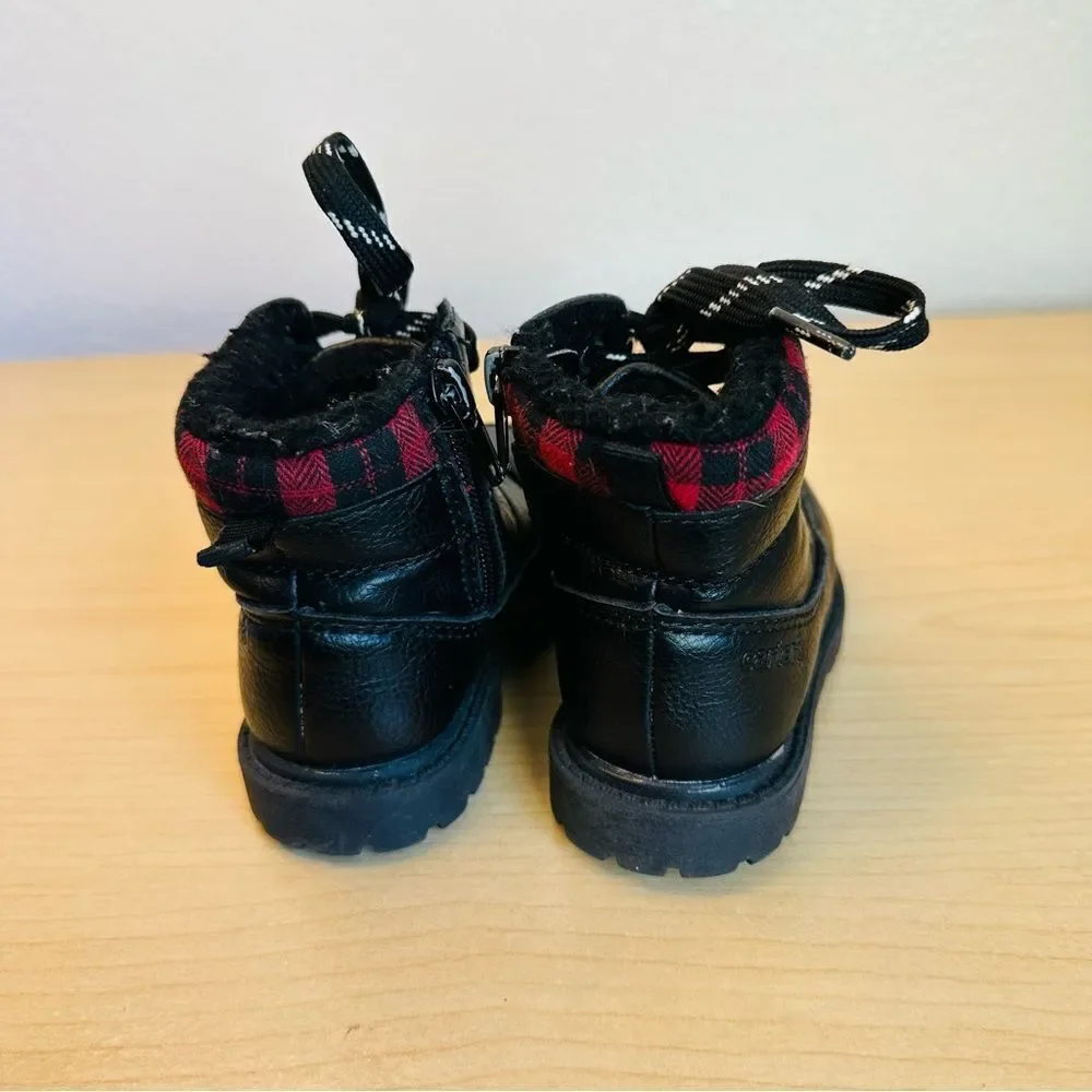 Carters‎ Unisex Black Vegan Leather Red Buffalo Check Toddler Boots Size 5